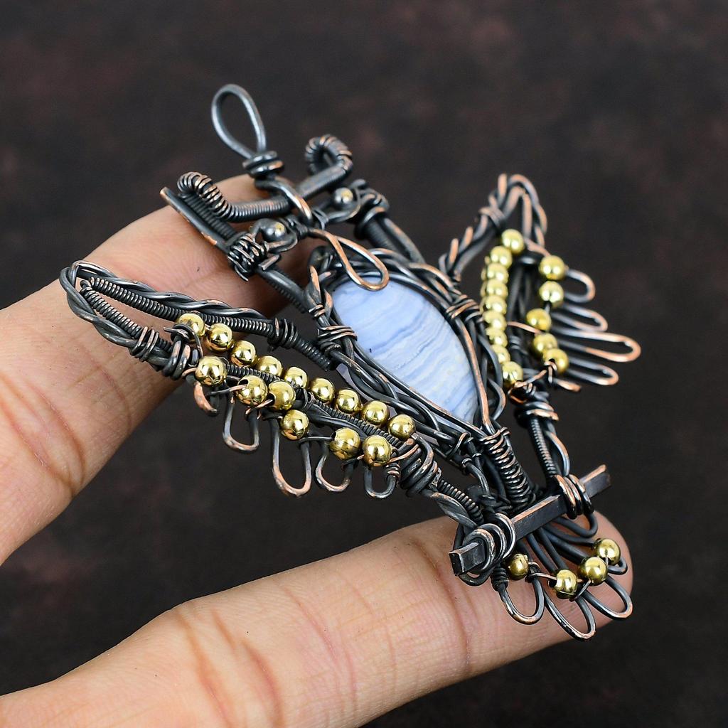 Подвеска из голубого кружевного агата, подвеска из драгоценного камня, подвеска из медной проволоки, подвеска ручной работы в виде совы, медное ювелирное украшение в подарок для нее, подвеска последнего дизайна