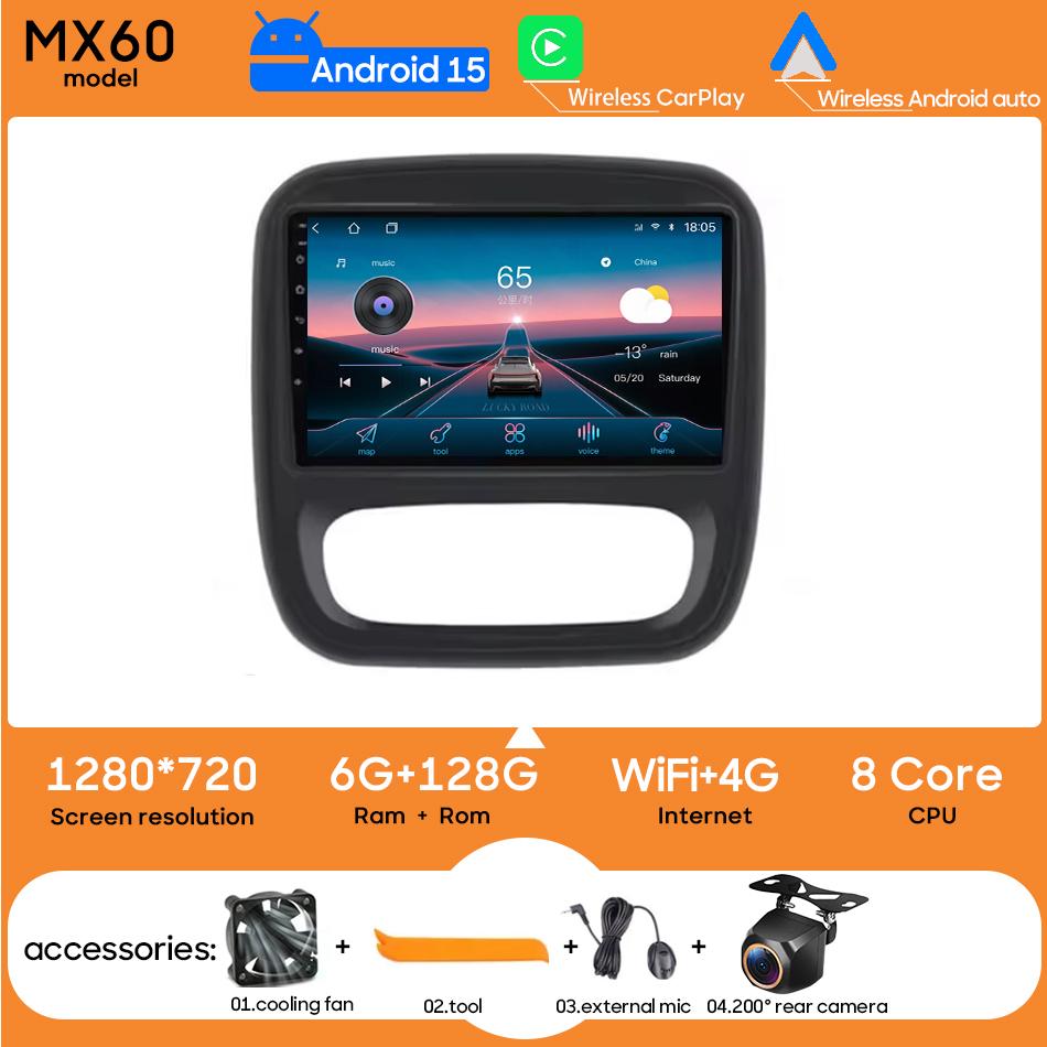 Autoradio multimédia Android 15 Carplay avec navigation pour Renault Trafic 3 2014 - 2021 pour Opel Vivaro B 2014 - 2018