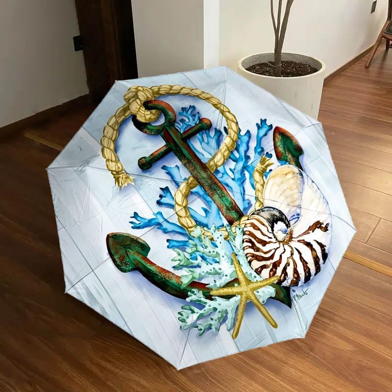 1pc Nautical Decor with Anchor, Shells, and Coral Umbrella with Plastic Handle,Suitable for All Seasons Home Travel Outdoor UmbrellaDD1403