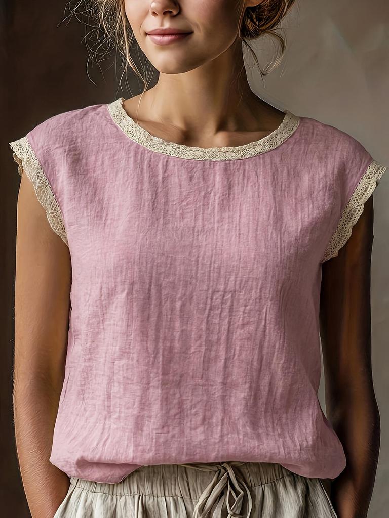 Женская ретро свободная льняная рубашка без рукавов с кружевной аппликацией 2026