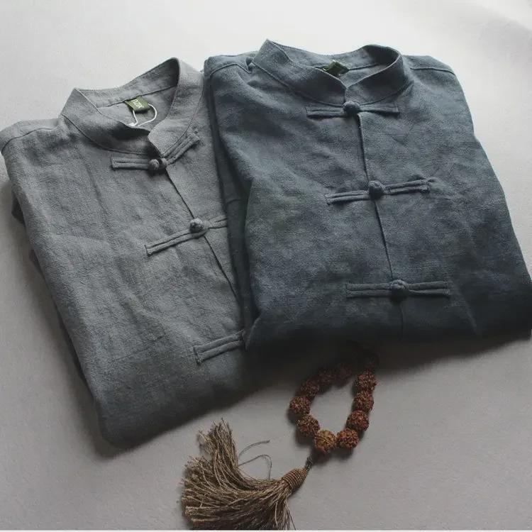 Мужская льняная куртка-рубашка в стиле ретро с пуговицами в китайском стиле для весны и осени