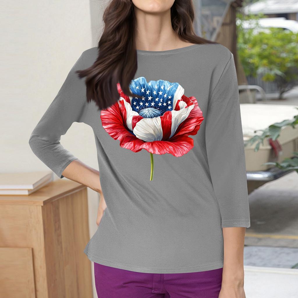 3/4 Sleeve Tops For Women T-Shirt Casual Print Tops T Shirt Round Neck Pullover Blouse