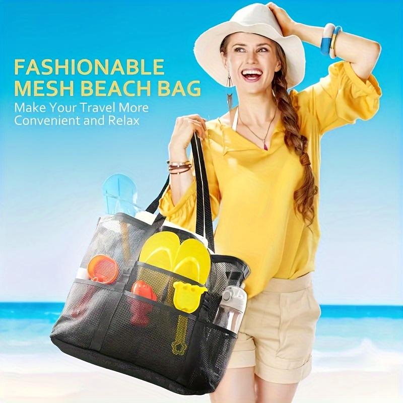 Extra Large Mesh Beach Tote Bag Breathable & Foldable with Zipper Closure, Multiple Side Pockets, Portable Organize Storage Beach Mesh Bag