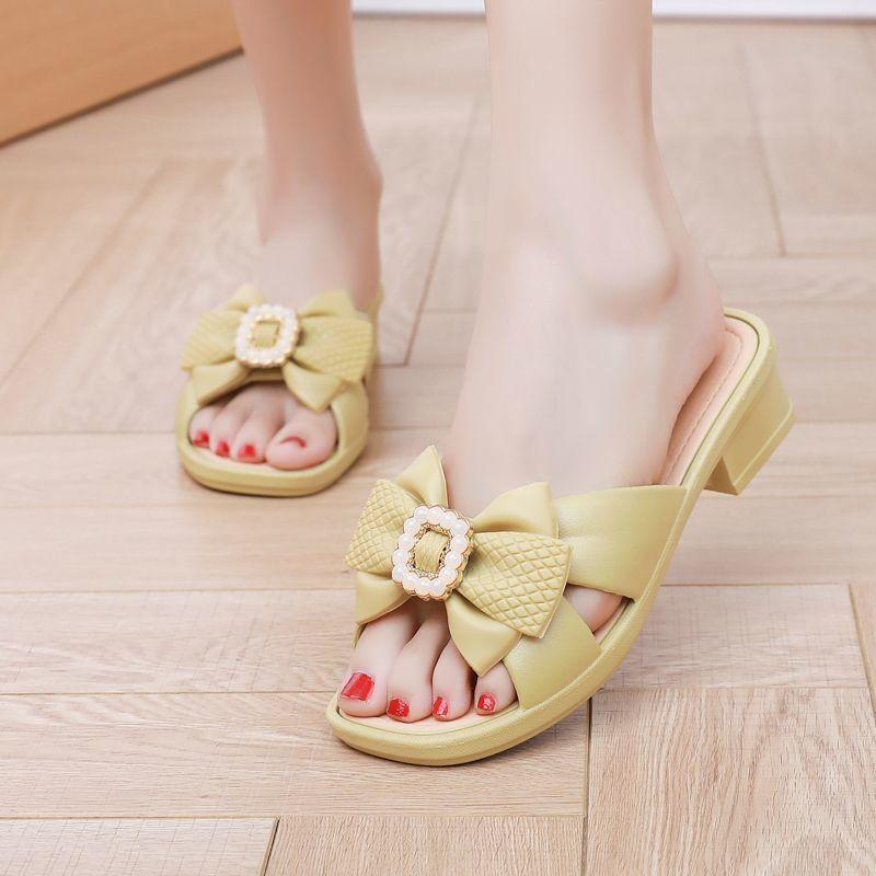 Sandals Slippers for Women Summer Fashion Thick Sole Non-Slip Bow Ladies Slippers Mid Heel Slides Outdoor