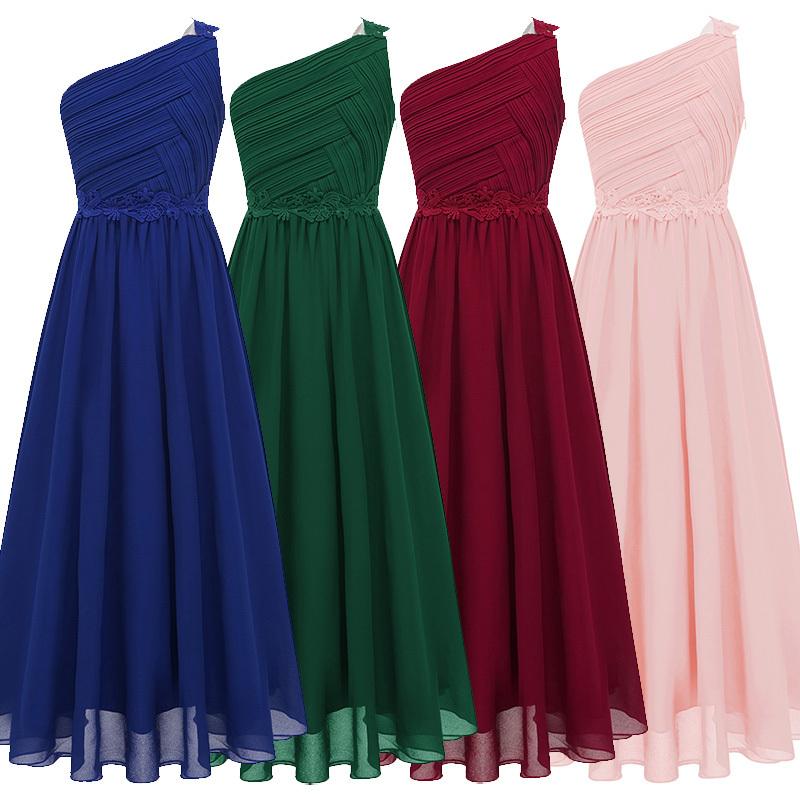 Платье для девочек-цветочниц, бальное платье для девочек, длинное платье на одно плечо, шифоновое платье для подружек невесты, свадебное вечернее платье