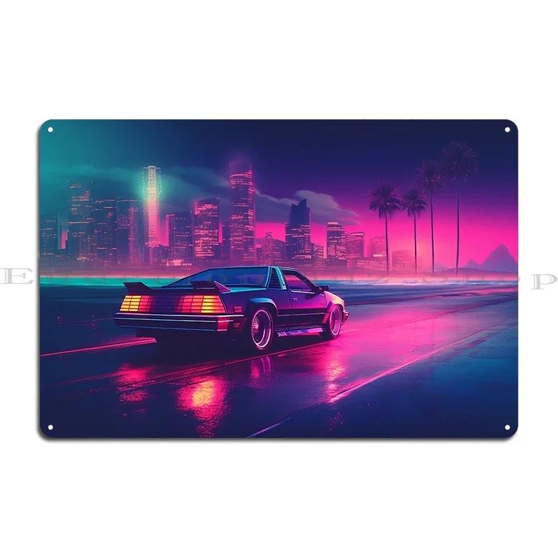 Shoreline Drifter Car Driving Towards Synthwave Sun Through s Miami Metal Plaque Printing Customize Tin Sign Poster