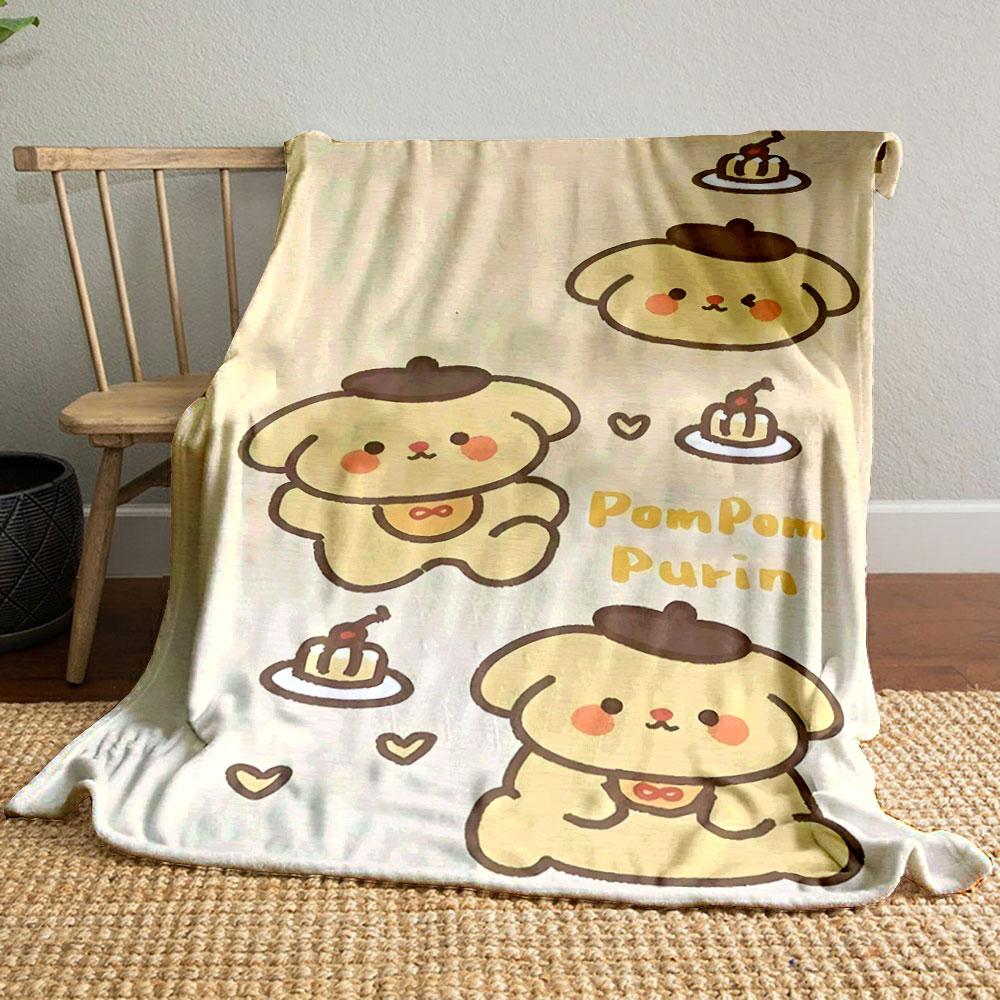 Cartoon dog in a beret with pudding, hearts, and "Pompom Purin" text. for all seasons blanket lunch break throw gift
