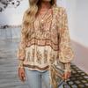 Bohemian Rayon Print Lace-up Long Sleeve Top for Women - 2025 Spring/Summer Collection