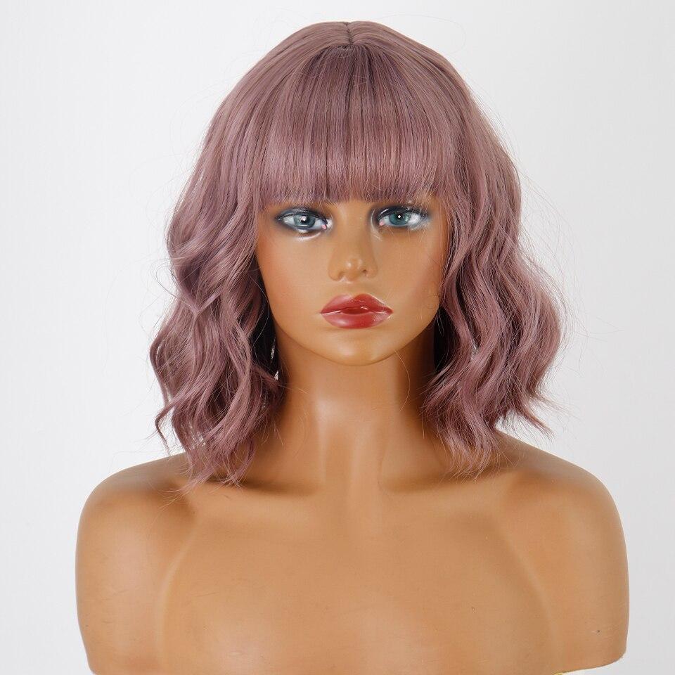 XINRAN Synthetic Short Amber Gold Wig Wave Wave Wave Hair with Air Bangs Female Synthetic Curly Hair Soft Wave Wig Suitable for Girl