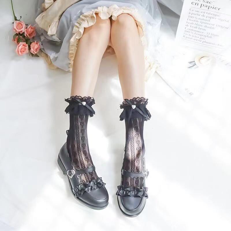 Women's Summer Spring Cotton Socks Thin White Lolita Lace Stocking Black Jk Bow Sweet Mid-leg Calf Socks Sweet Style Girls Gift