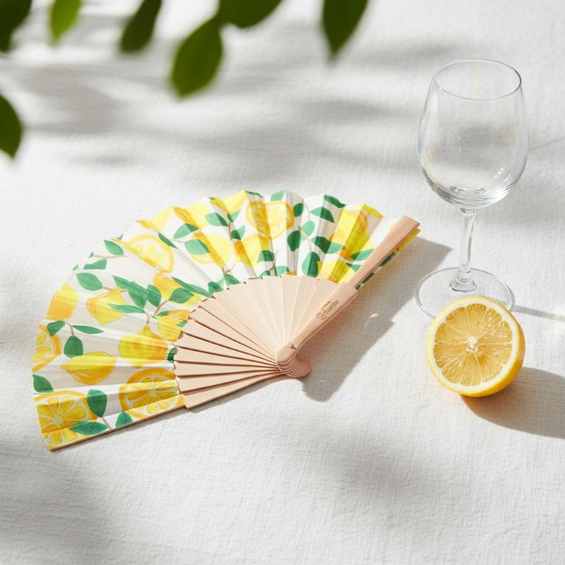 Lemon Print Folding Hand Fan-Bamboo Fabric Fruit Pattern Handheld Fan for Summer Cooling Wedding Party & Dance Performance Decor