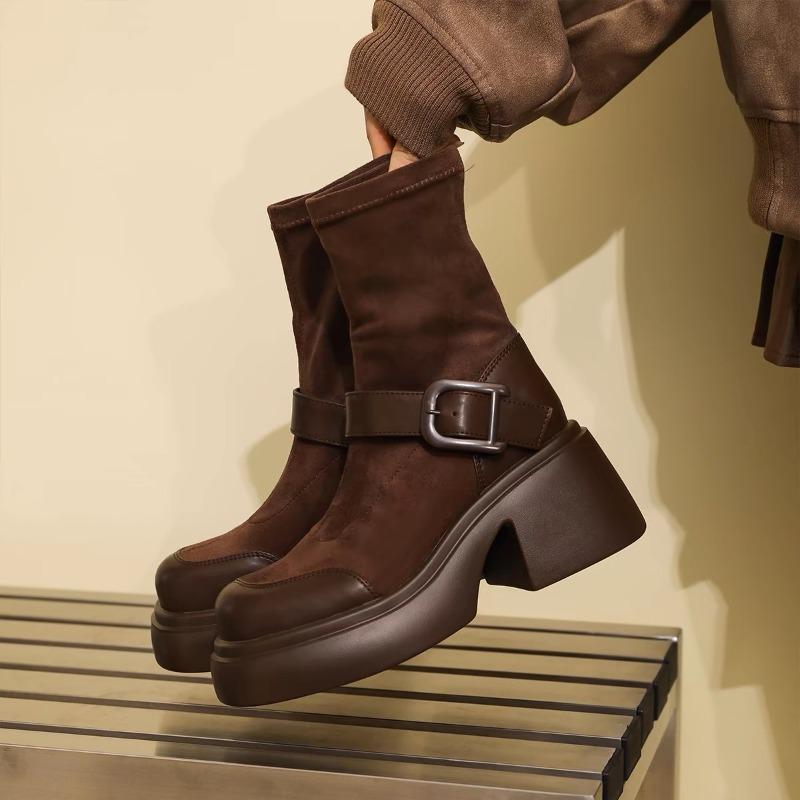 Новые весенние и осенние однотонные модные круглые носки с пряжкой из сетки удобные квадратные каблуки рукава женские короткие сапоги