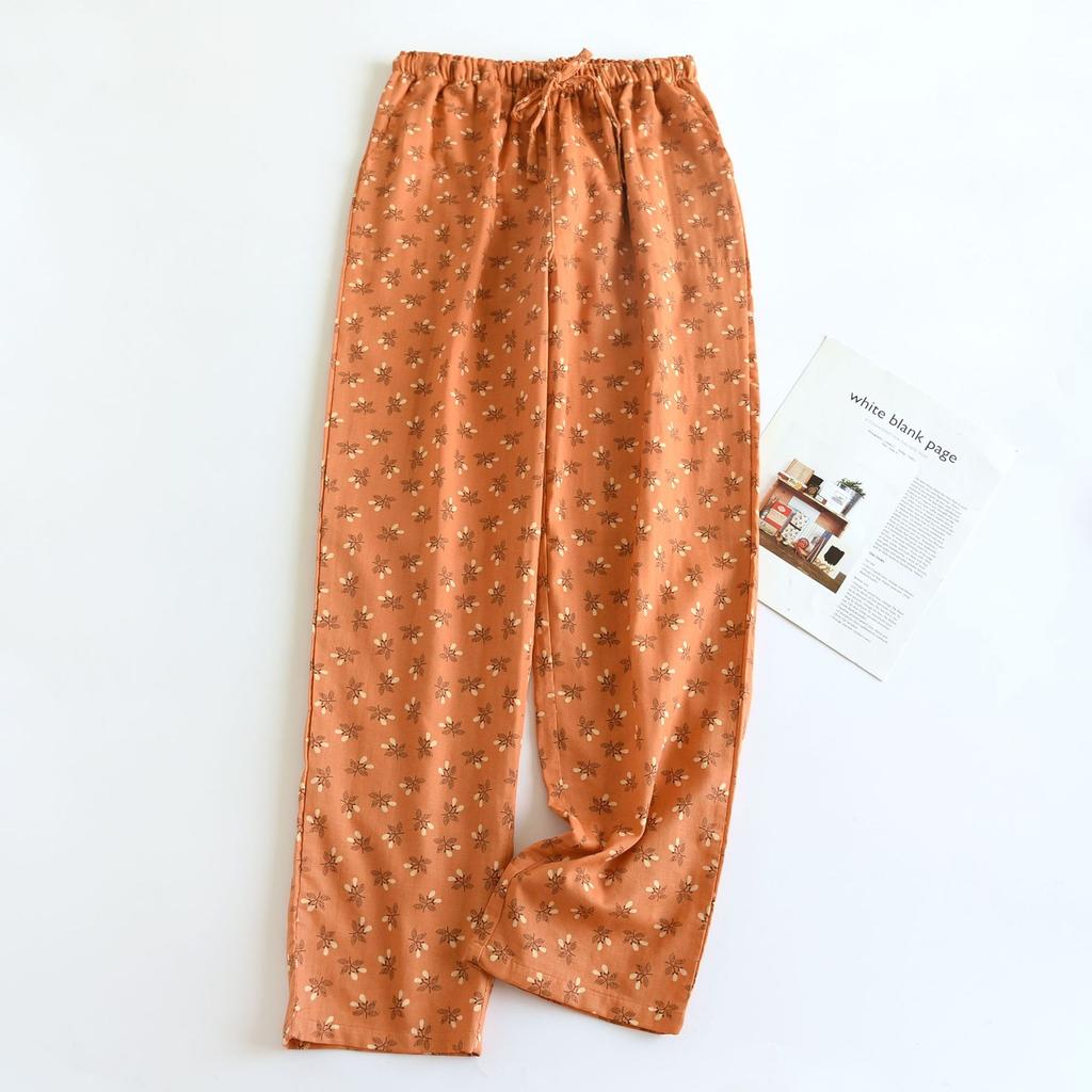 Cotton Floral Pajama Pants Women Big Size Double Gauze Girl Home Trousers Autumn Winter Loose Lace Up Sleeping Casual