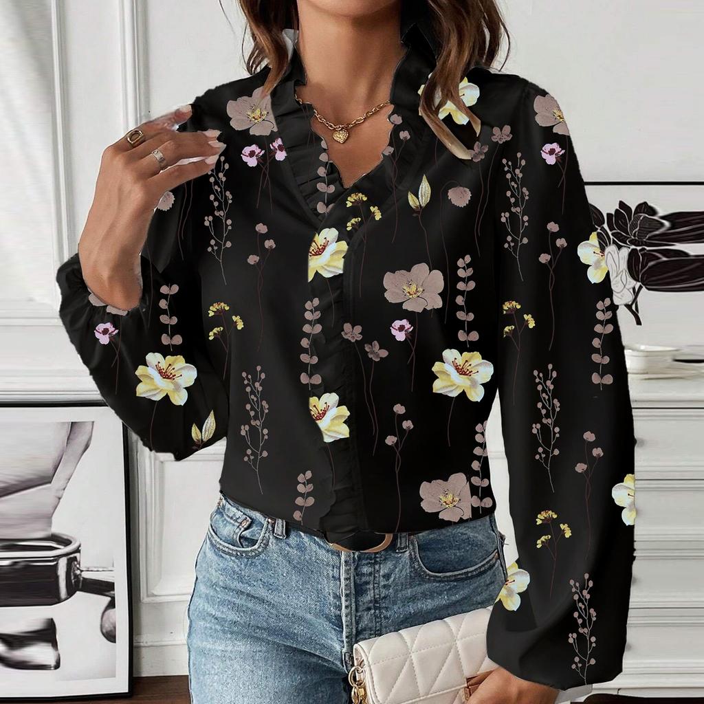 Women's Fall Ruffle V-Neck Fashion Printed Long Sleeve T-Shirt Shirt Top