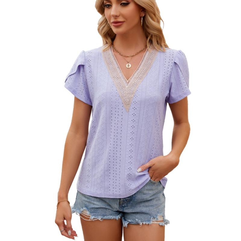 Spring Summer Lace Patchwork V-neck Loose Short Sleeved T-shirt for Women