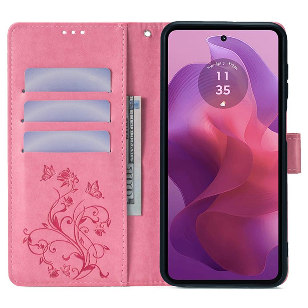 Кожаный чехол-кошелек для Motorola Moto E14 4G/G04 4G/G04s 4G/G24 4G со слотами для карт, с рисунком бабочки и цветка, чехол для телефона со шнурком