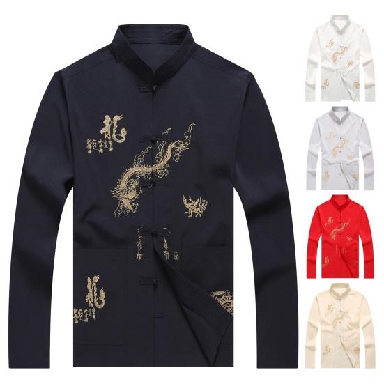 Мужская рубашка среднего возраста в китайском стиле с рисунком дракона, рубашка с воротником-стойкой и длинными рукавами, карманы, однобортный костюм Тан, топ