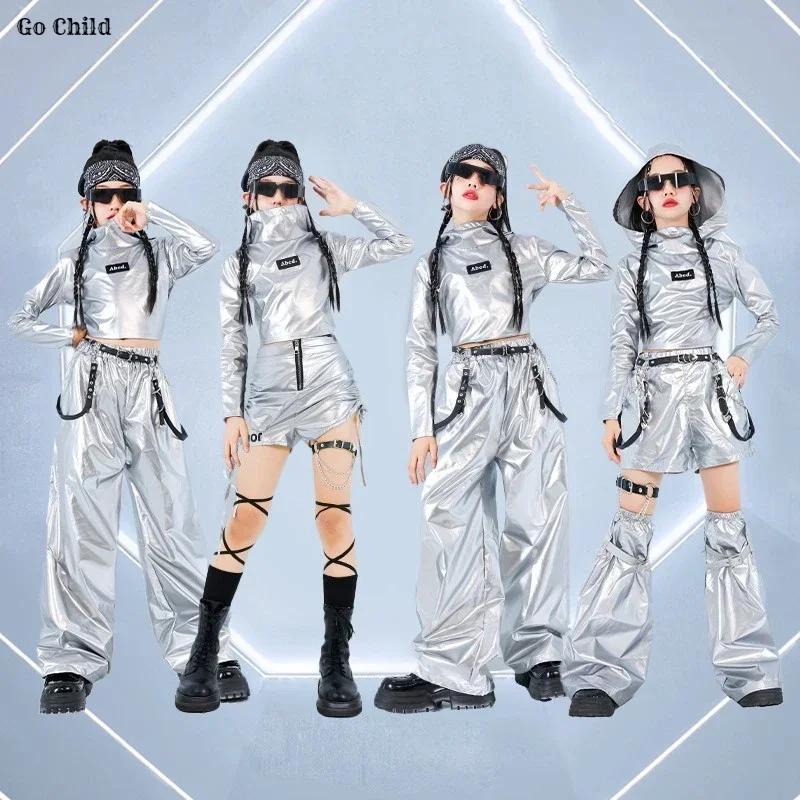 Девочки K-pop Серебристые укороченные худи Блестящие брюки-карго Шорты для уличных танцев Детская хип-хоп уличная одежда Детские джазовые наборы одежды Hi-Tech