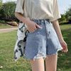 Classic and Minimalist Fashion Versatile Light-colored Female Summer Broken Hole High Waist Loose Thin A Word Wide-leg Pants Raw Edge Denim Shorts