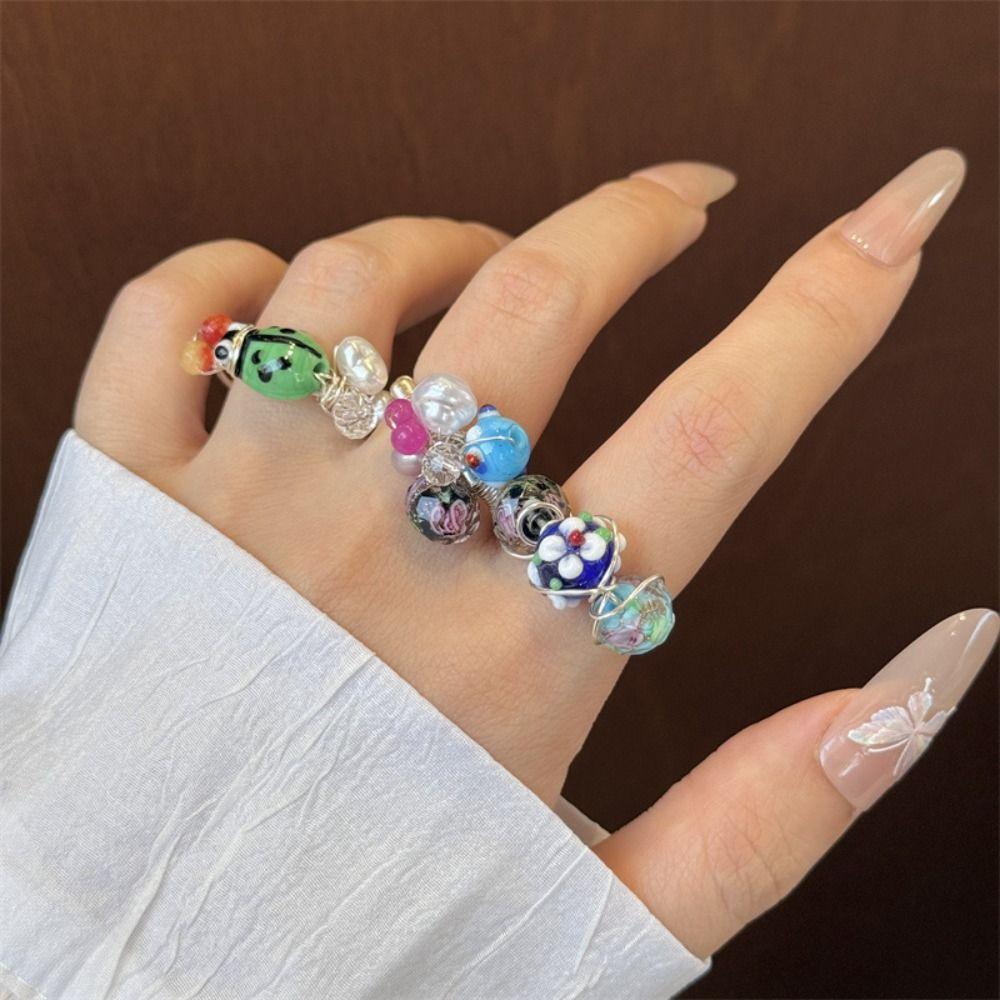 Chinese Style Insect Drip Oil Ring Geometric Enamel Flower Ring Personality Painting Ring  Friend