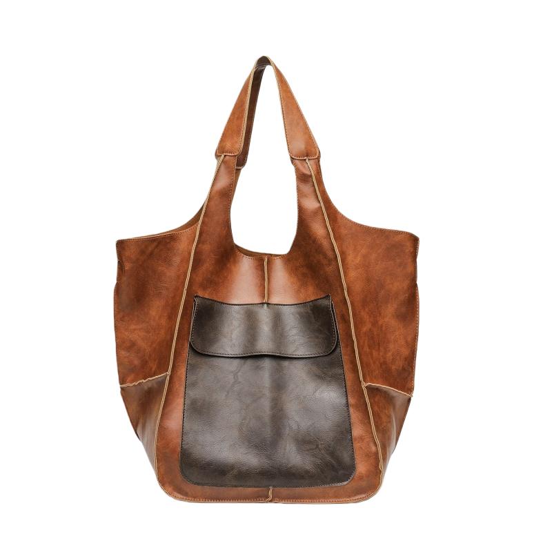 Retro Soft Leather Tote Bag Casual Patchwork Large Capacity Handbags Versatile Color Blocked Splicing Women's Underarm Bag