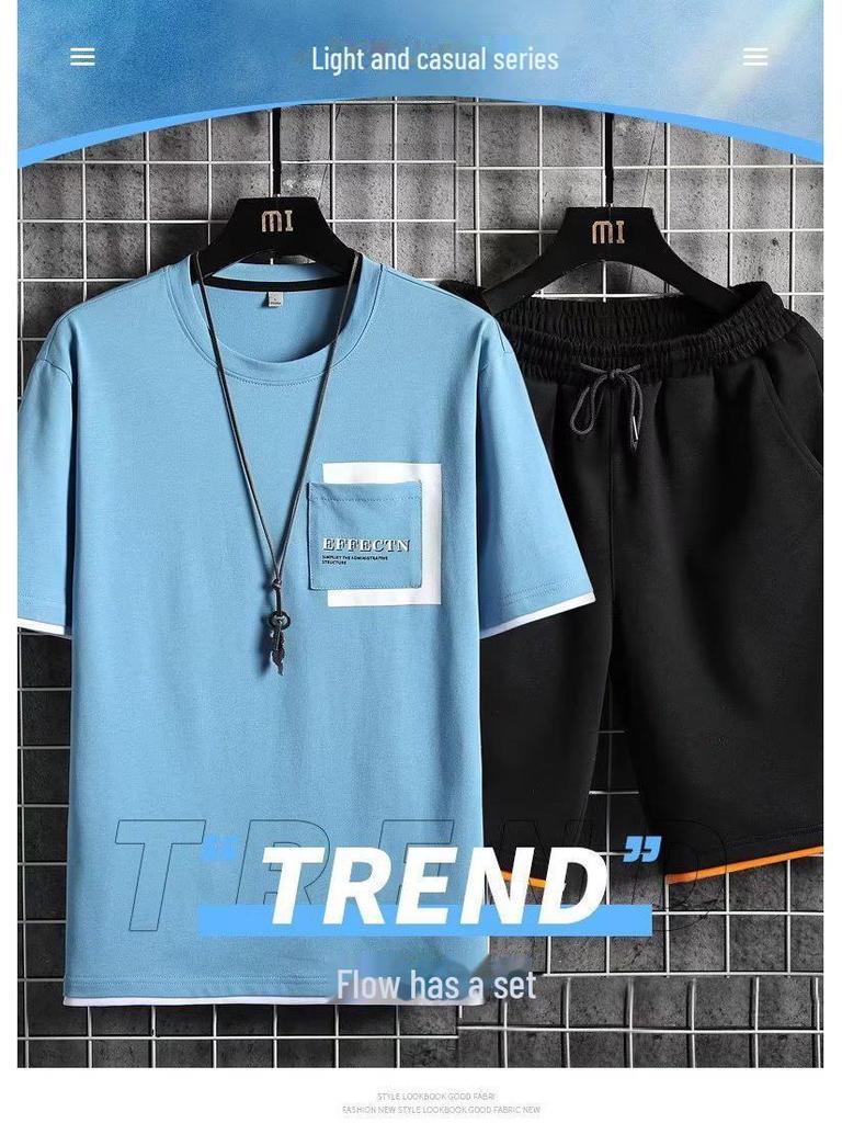 Мужской летний повседневный спортивный комплект 2023 года: Футболка с коротким рукавом и шорты в гонконгском стиле — легкий модный комплект из двух частей