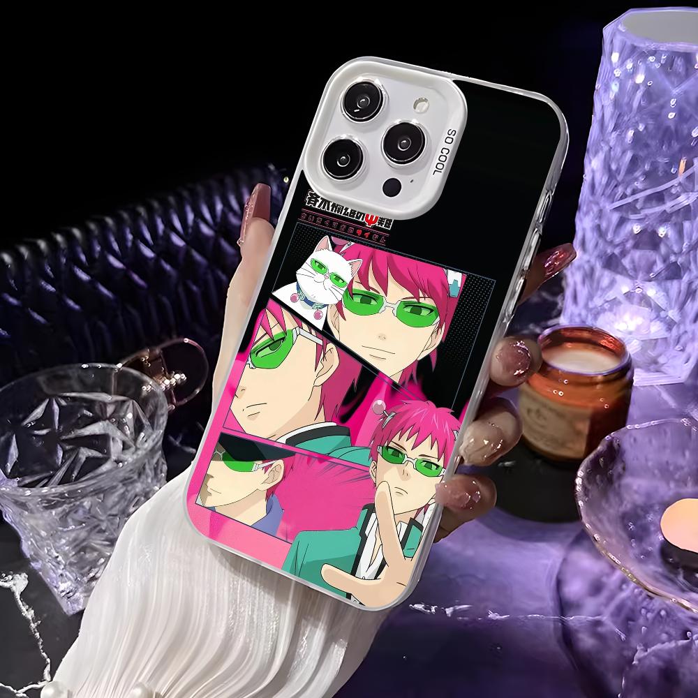 Чехол для телефона аниме S-Сайки Кусуо для iPhone 16 15 14 13 12 11 Pro Max Белый Матовый Лазерный Металлик Аврора Funda