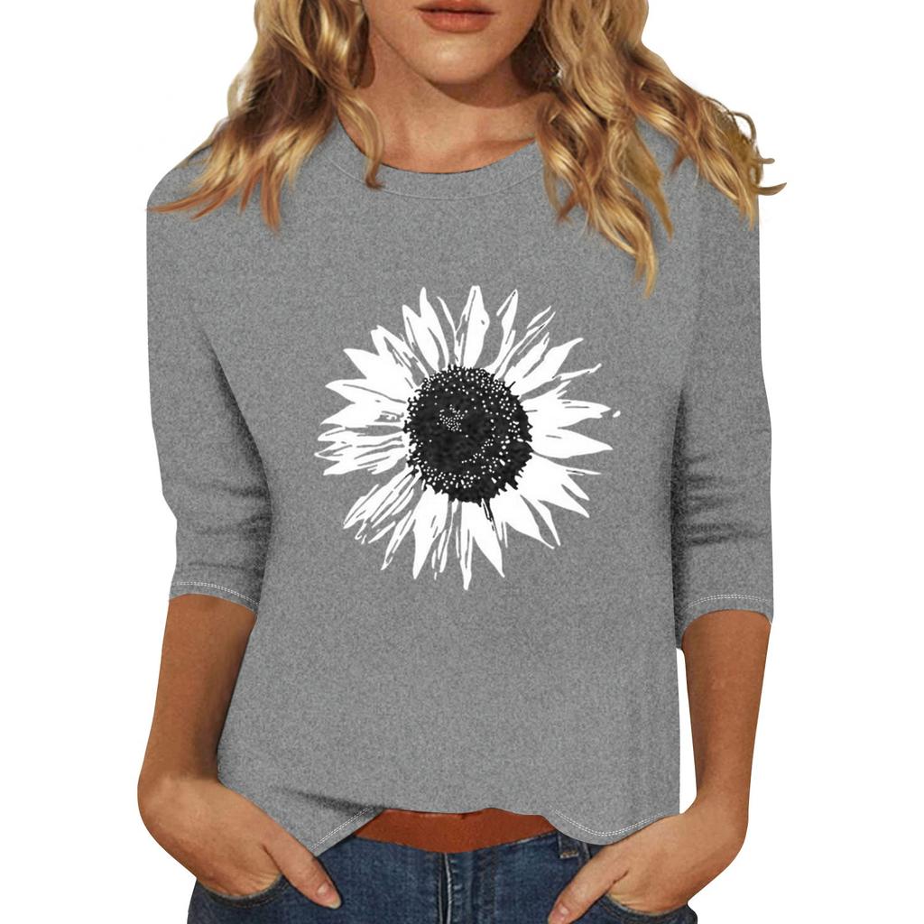 Women's Fashion Casual Round Neck 3/4 Sleeve Loose  Printed T-Shirt Ladies Top