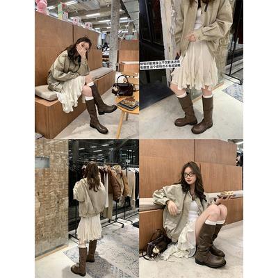 Версия из коровьей кожи~ Кожа как у Grape Mom, ретро, двойная пряжка, полусапоги средней высоты, женские рыцарские сапоги, ковбойские сапоги