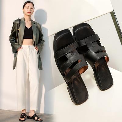 Новая женская обувь из натуральной кожи, летние удобные универсальные тапочки, сандалии для отдыха на квадратном каблуке и толстом каблуке, универсальные тапочки