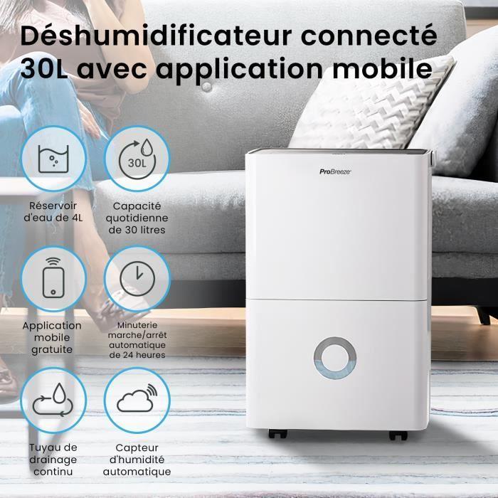 Pro breeze déshumidificateur compresseur connecté 30l/jour avec application smartphone, drainage continu et minuterie 24h