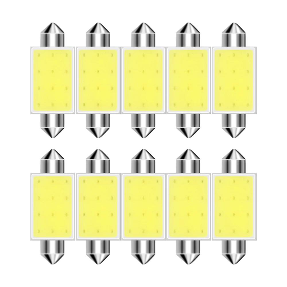 10 шт. светодиодных ламп C10W C5W Festoon 31/36/39/41 мм 12 В COB 6500 К белого цвета для салона автомобиля, купола, крыши, багажника, подсветки номерного знака