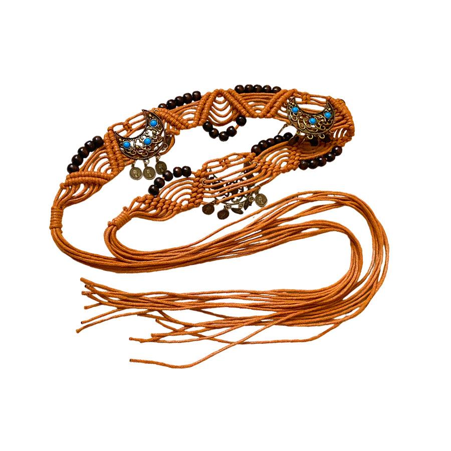 Ethnic Boho Wooden Bead Waist Chain, Hand Woven Hemp Rope Multi Layer Belt, Versatile Women Decorative Ornament