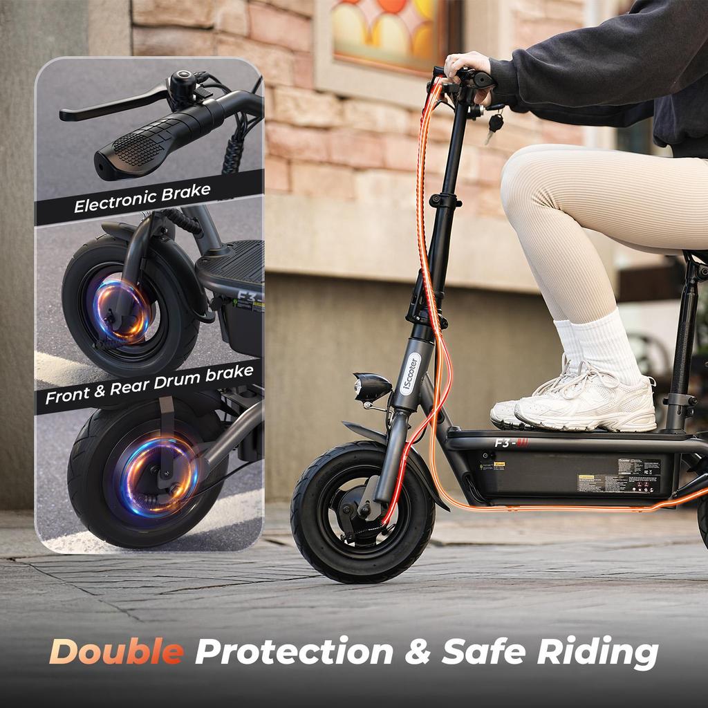 F3 1000W Adult Electric Scooter with Seat, Dual Disc Brakes, Removable Basket, Foldable, Maximum Range 55-60km, Wide Tires, City Commuting