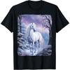 Beautiful White Horse Standing In a Snowy Forest by Night T-Shirt(1)