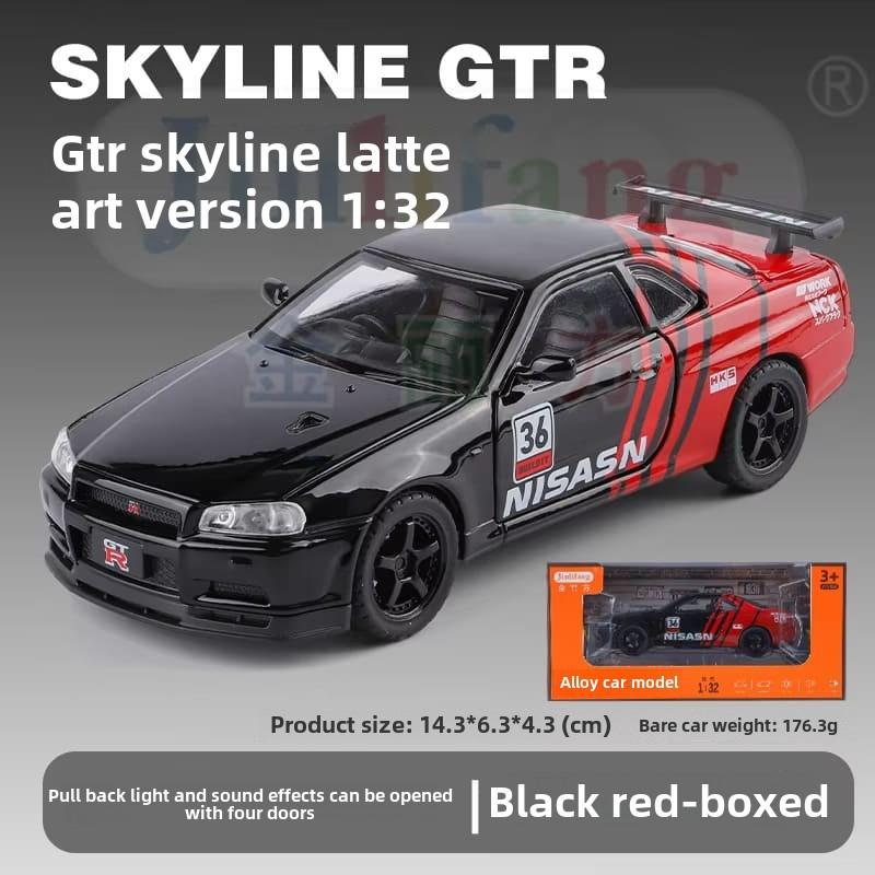 New 1:32 GTR R34 Low Lying Sports Car Alloy Die-cast Toy Car Metal Toy Car Model Sound and Light Pull Back Collection Children's Toy Gift