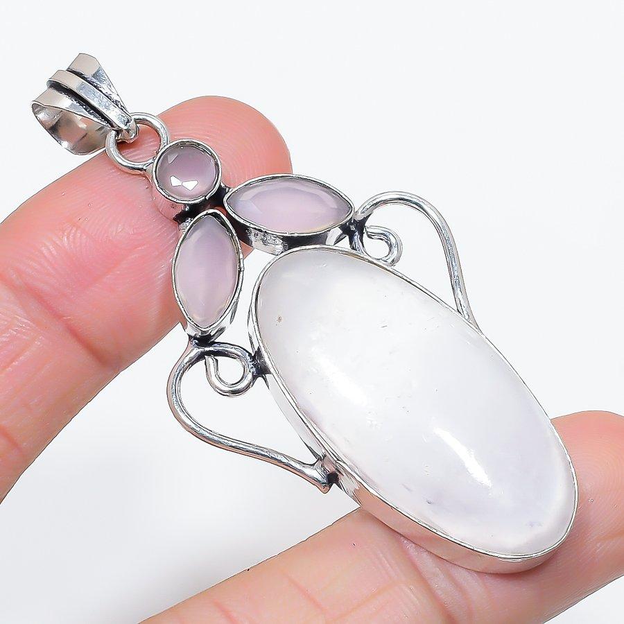 Натуральный селенит, халцедон, серебро 925 пробы, ювелирная подвеска 2,68" A7d49