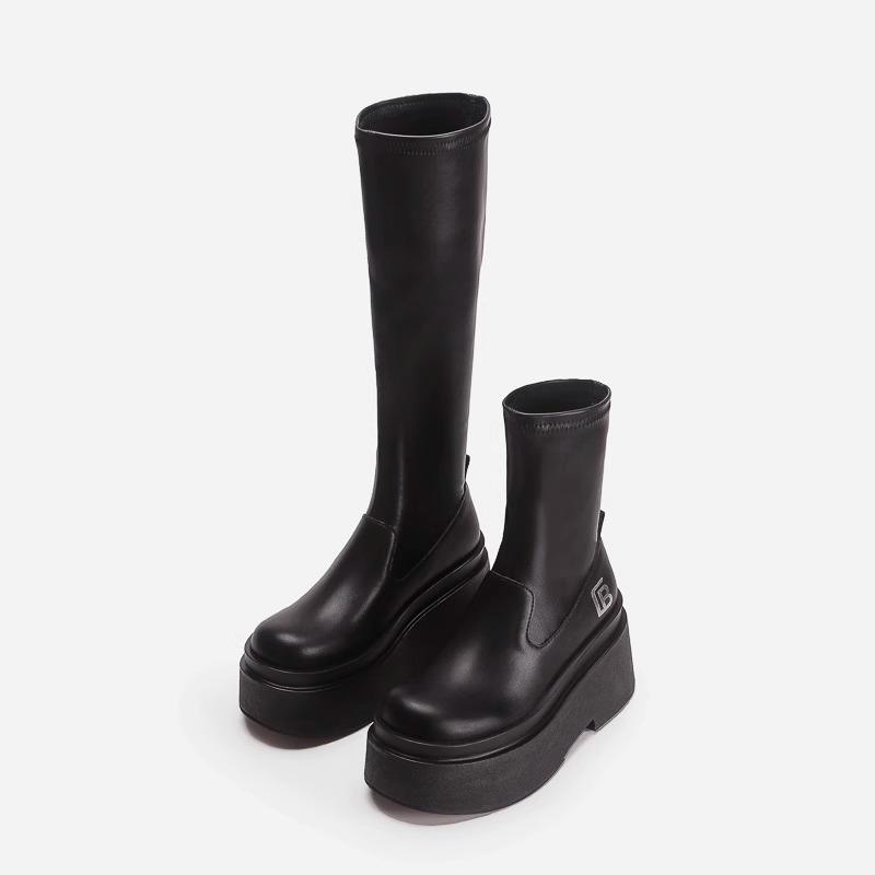 Ботинки ботинки на толстой подошве женские новые маленькие толстые мм эластичные тонкие ботинки увеличивающие высоту голенище рыцарские ботинки ботинки девушки-специи