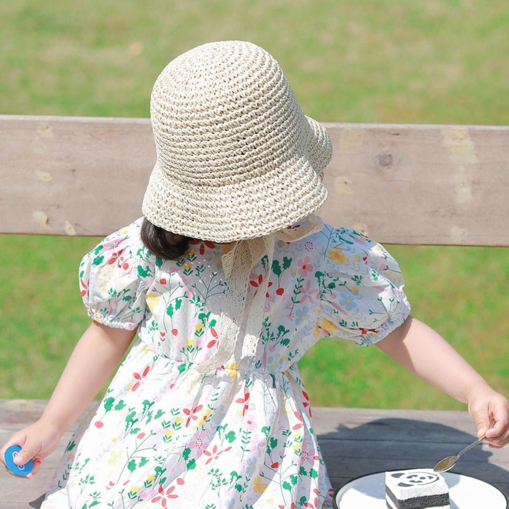 Spring Summer Children Straw Hats Outdoor Baby Sun Hat Trendy Lace Ribbon Straw Hat for Kids