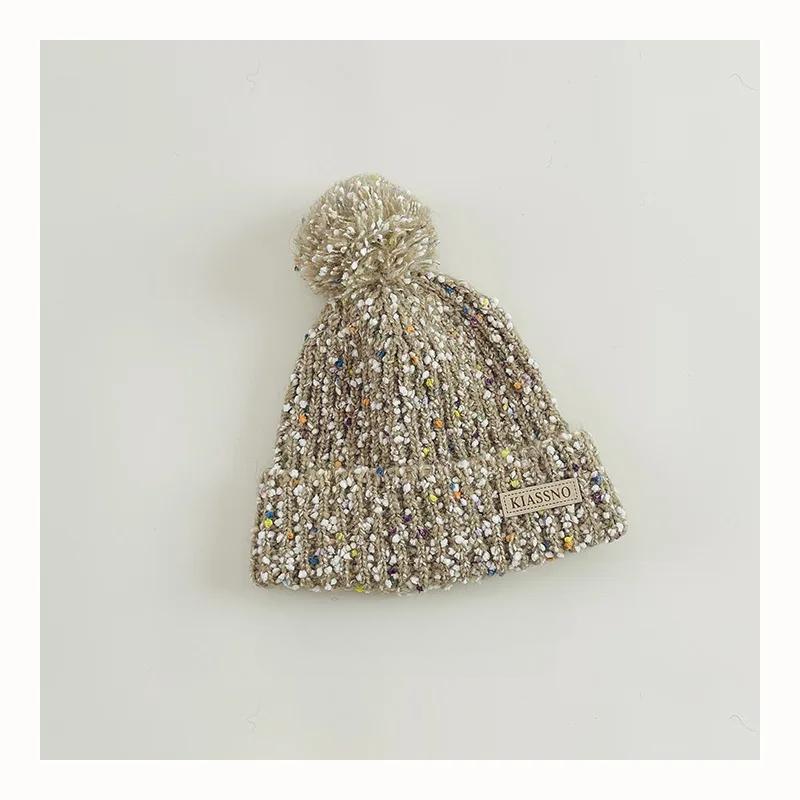 Шикарная теплая детская шапочка для мальчика и девочки, модная ретро вязаная шапка, пушистый шарик, осень-зима, теплая флисовая плюшевая детская вязаная шапочка