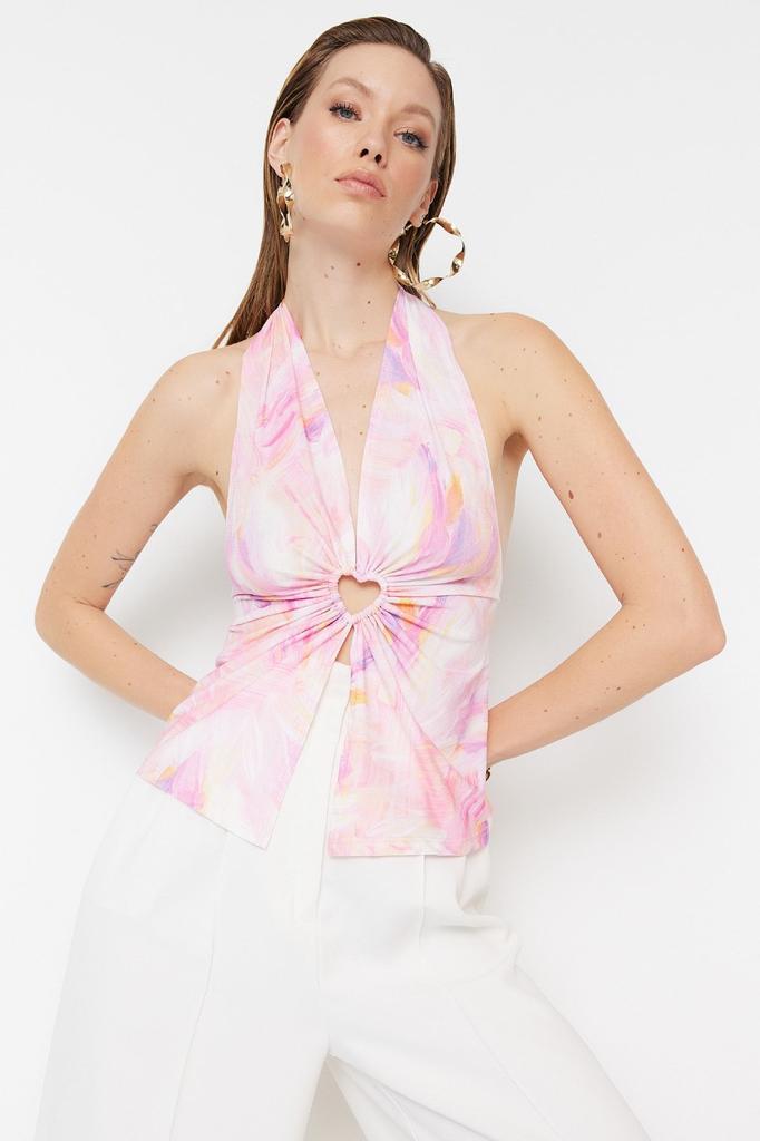 Women's Style Blouse Window Cut Out Detailed Printed Blouse with Multi-Colored Knitted Accessories