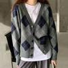 Винтажный клетчатый свитер, кардиганы, женская одежда, осень-зима 2023, однобортный однобортный корейский модный топ с длинными рукавами, C-064