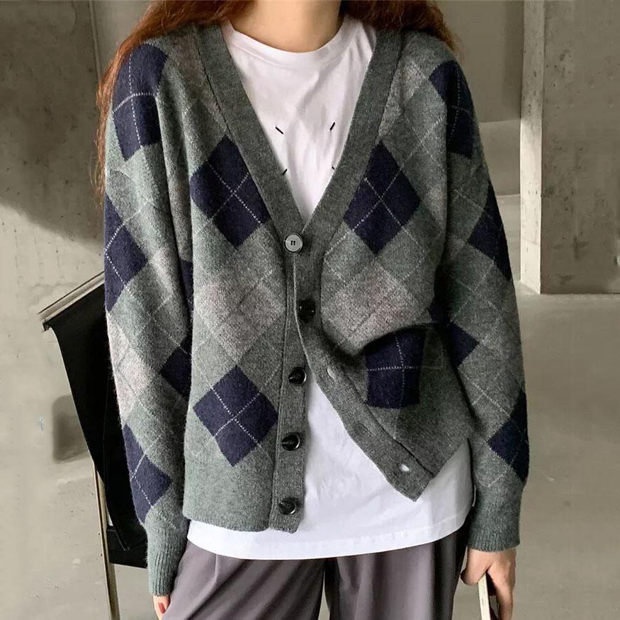 Винтажный клетчатый свитер, кардиганы, женская одежда, осень-зима 2023, однобортный однобортный корейский модный топ с длинными рукавами, C-064