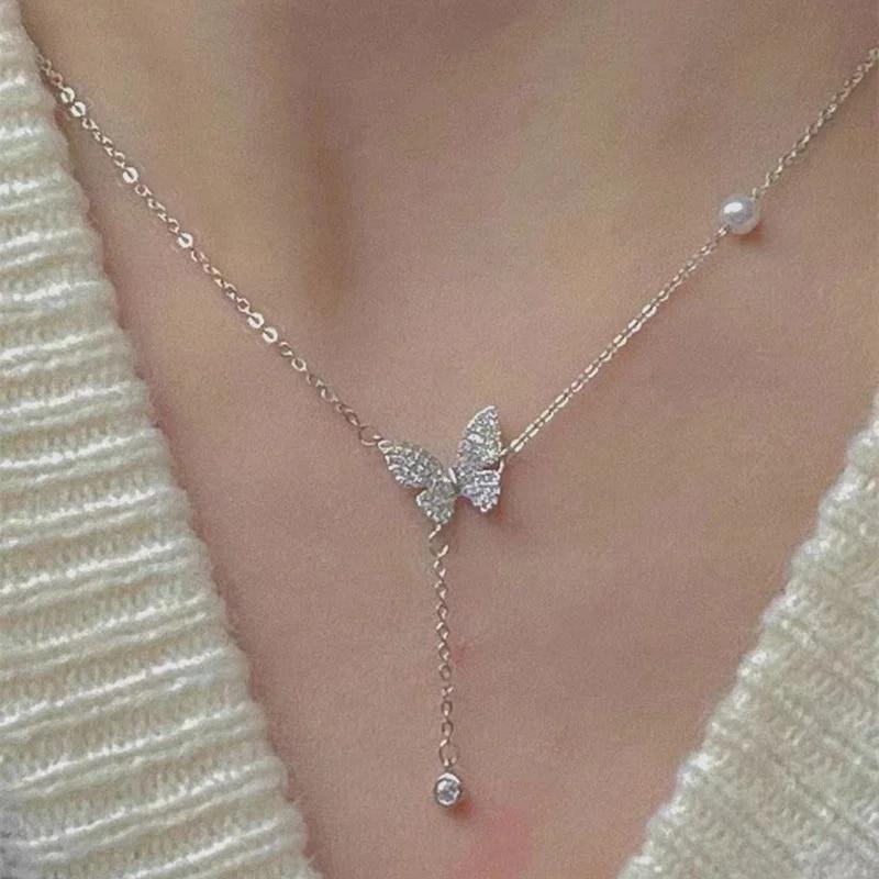 Zircon Butterfly Pendant Choker Light Luxury Aesthetic Niche Clavicle Silver-plated Necklace Jewelry Women Gifts