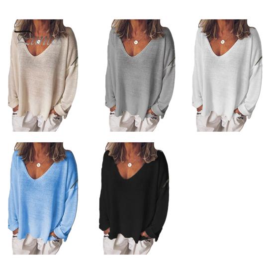 Women T-shirt V-Neck Long Sleeve Loose Fit Tee Shirt Solid Color Breathable Casual Pullover Tops Daily Wear