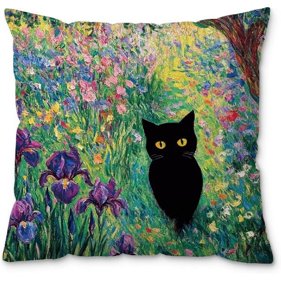 Boho Abstract Floral Black Cat Pillow Covers 18x18, Black Cat Gifts for Women, Cats Mom Lady Grandma Gifts, Whimsical Wildflower Kitten Decorative