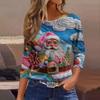 Женская Мода Повседневный Рукав Три Четверти Рождественский Принт Горловина Топ