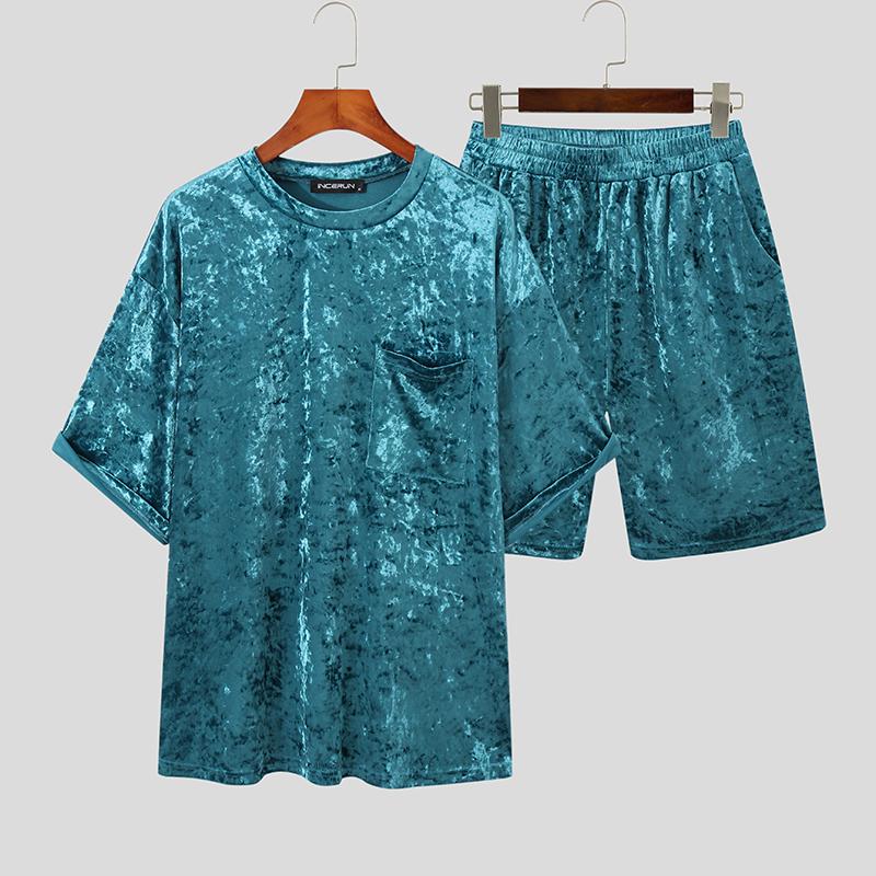 INCERUN Мужские комплекты из 2 предметов Pleuche с короткими рукавами, футболки и шорты, одежда для отдыха, свободный костюм