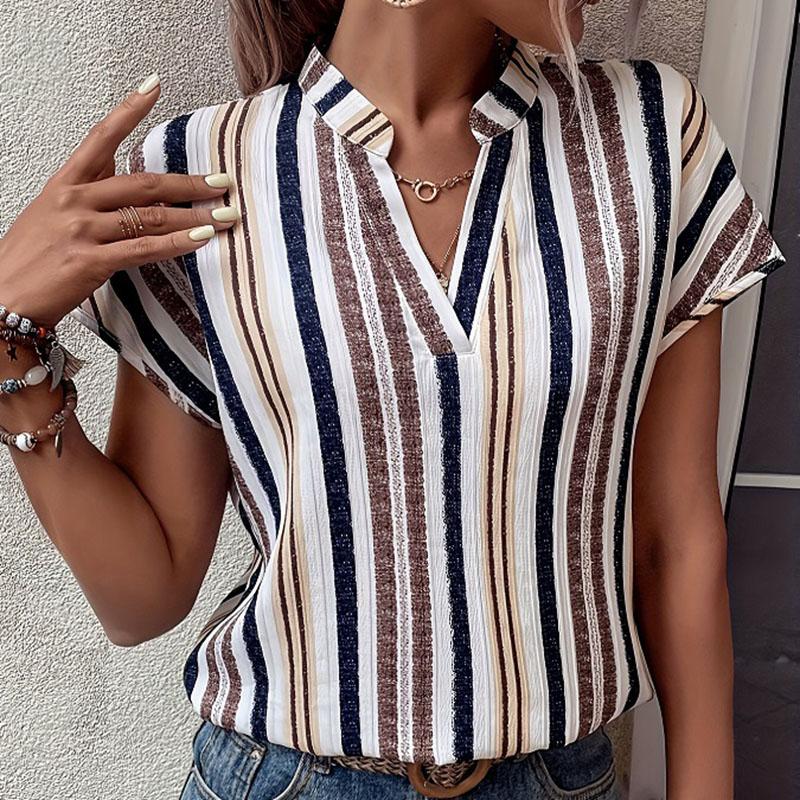 Женская летняя рубашка с коротким рукавом и воротником-стойкой в полоску, модный пуловер, блузка, топ