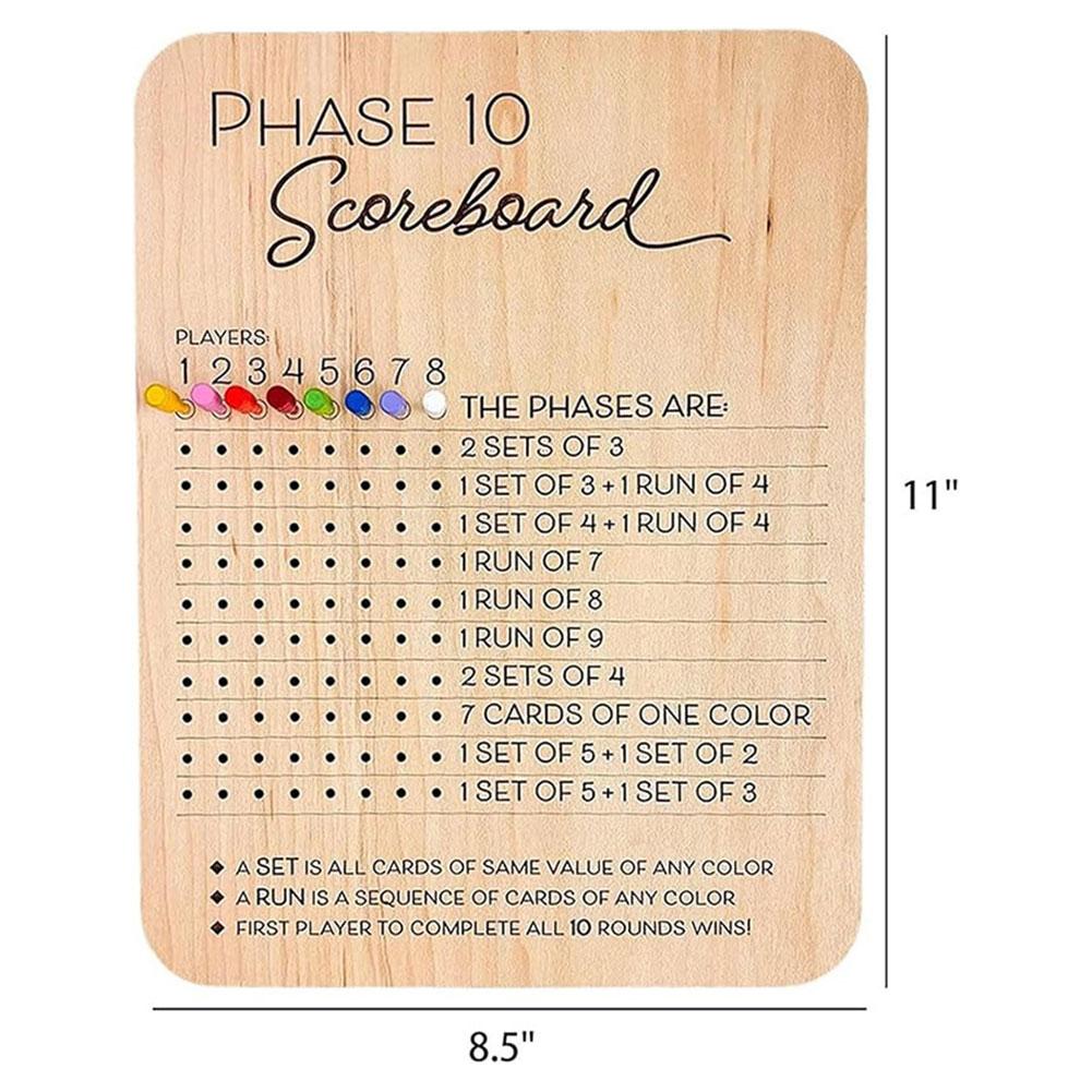 Wooden Phase 10 Score Board W/8 Colored Pegs Phase 10 Scoreboard and Round Tracker Table Board Card Game for Party Family Adults